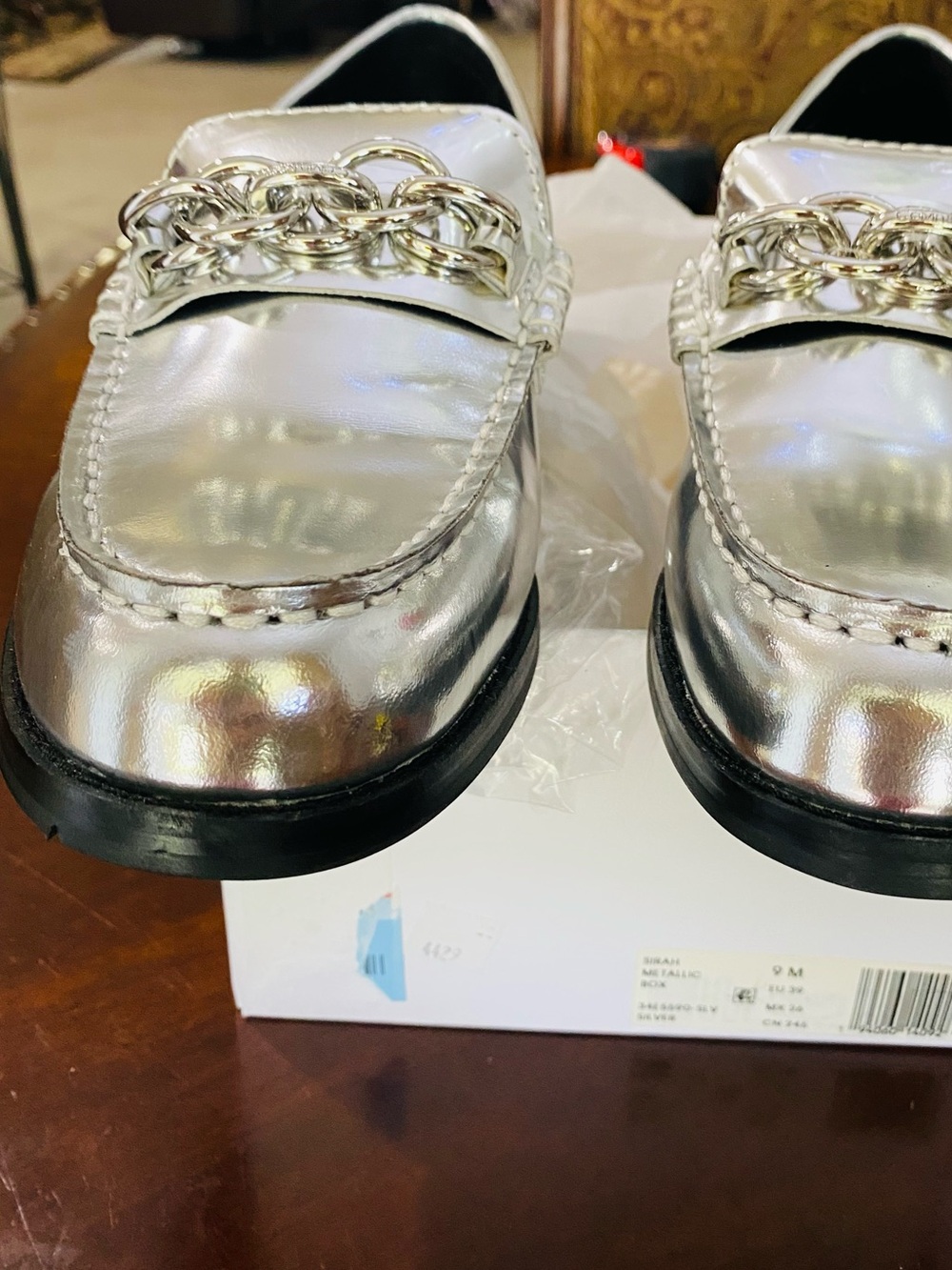 Calvin Klein Silver Metallic Chain-Trim Moccasin Loafers